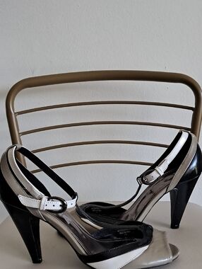 NaNa Black, White and Taupe Strappy Dress Heels